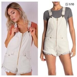 Free People Sunkissed Denim Jean Short Overalls Cream White Women's Size 4 NWT